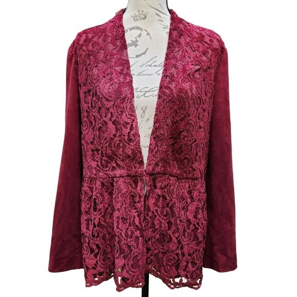Chico's -964 NWT‎ Maple Red Feminine Faux Suede Jacket Lace Trim Size 2 / Large - Picture 1 of 12